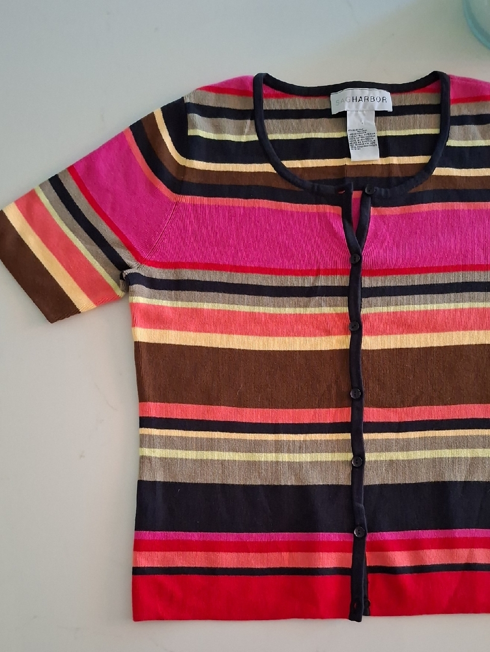 Vintage 90's Rainbow Stripe Short-sleeve Cotton Cardigan Sag Harbor (Size L)